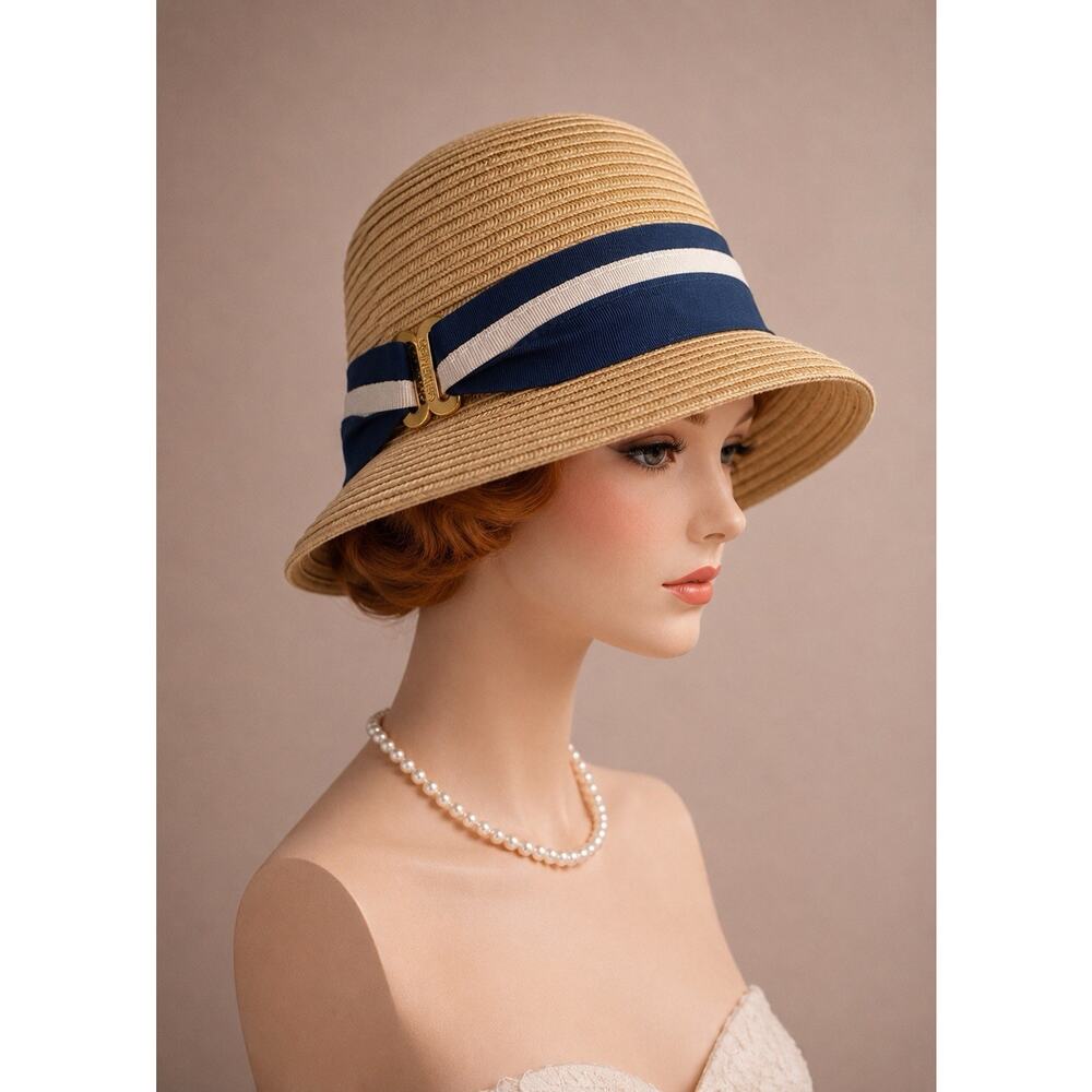 Calvin Klein Straw Cloche Bucket Hat Nautical Ribbon Gold Hardware Summer Hat